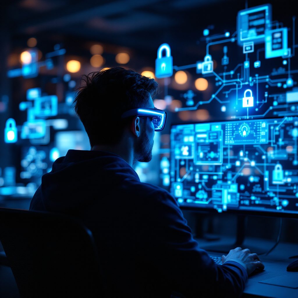 Image from a person working on a futuristic computer, in security framework features.