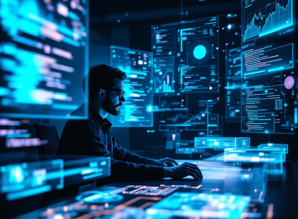 Person working on a futuristic software development computer with holograms.