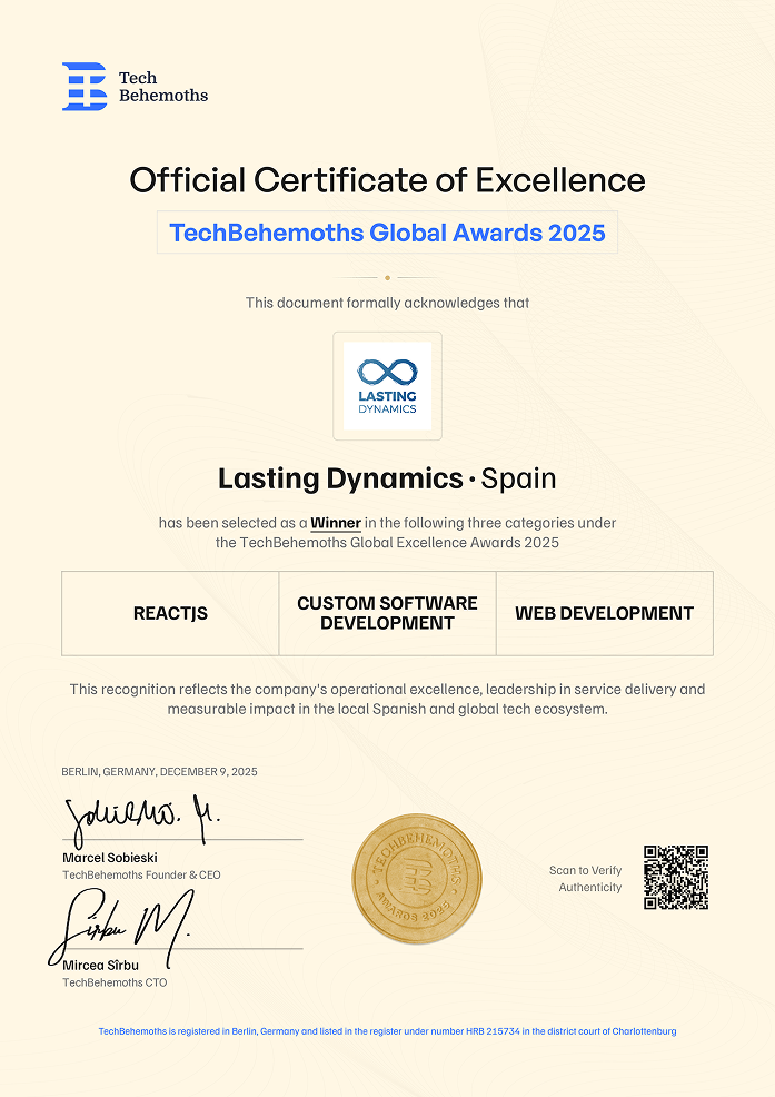 TechBehemoths Global Excellence Awards 2025 official certificate for award-winning software development company