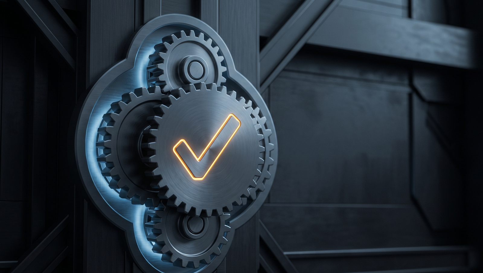 Lasting Dynamics Ranked #3 Defense Software Development Company (2026) 2 Defense software development engineering discipline: precise interlocking steel gears with a verified amber checkmark
