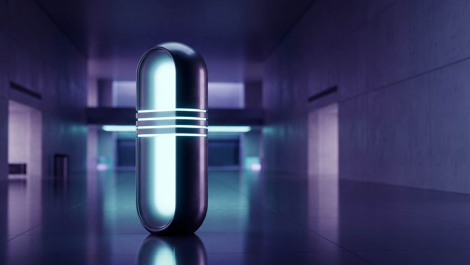 Enterprise AI development running dependably in production: a glowing intelligent core standing in a calm enterprise hall