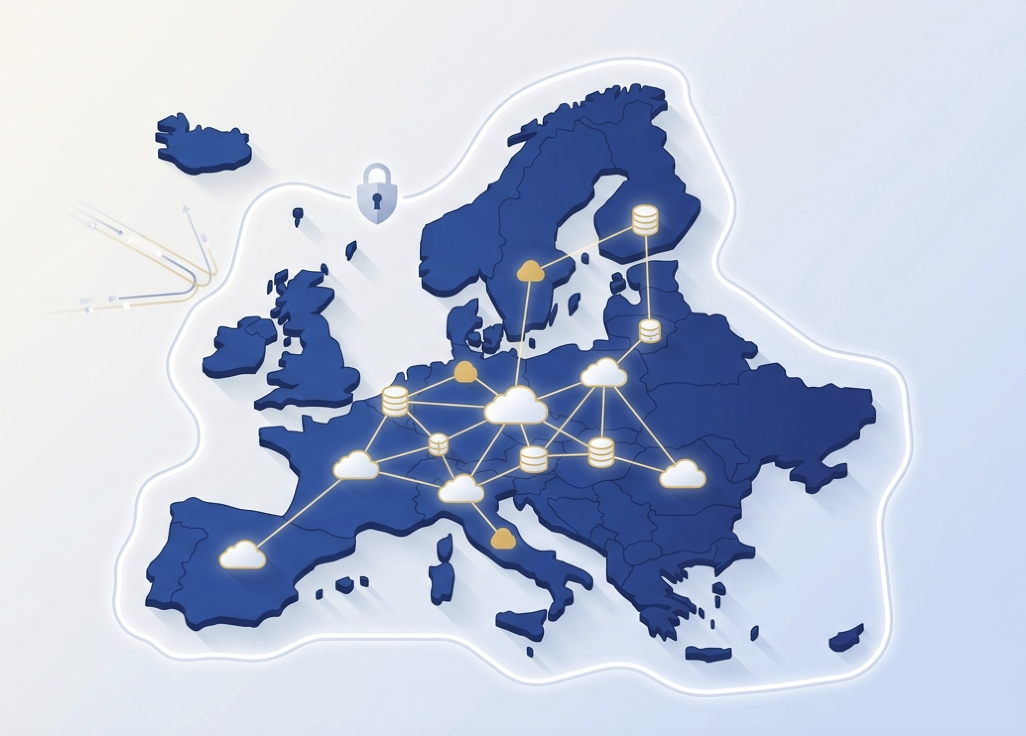 EU sovereign cloud: a map of Europe with cloud and data-centre nodes kept inside a protected European boundary, with external data requests deflected