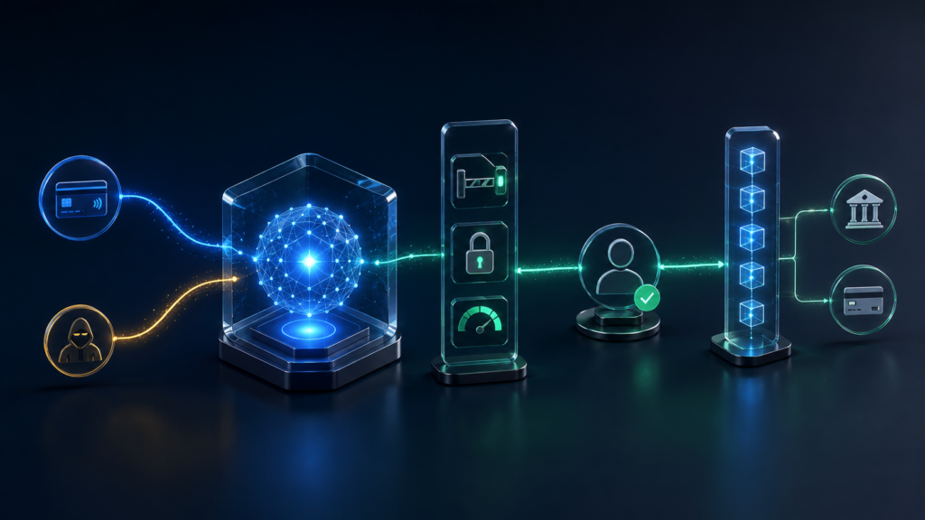 Lasting Dynamics Named #1 AI Development Company for Fintech (2026) 2 AI in fintech: a card payment and a fraud attempt pass through an AI model and security controls (segmentation, encryption and risk scoring) that approve the legitimate customer before the transaction settles to the ledger and bank