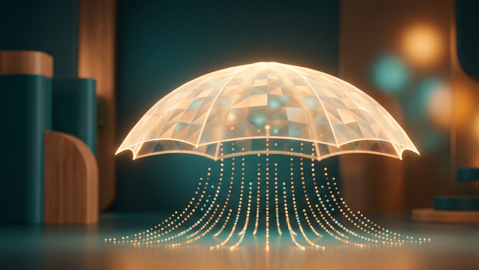 Insurance software development shown as a glowing translucent protective shield sheltering organized policyholder data — secure, AI-first InsurTech