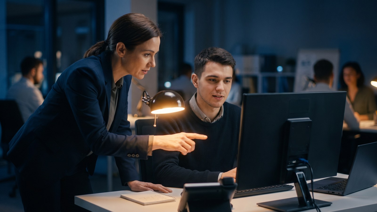 AI Customer Service: Why Cutting Staff First Keeps Backfiring 1 AI customer service helps new staff get good faster: an experienced colleague showing a newer one how to handle a case