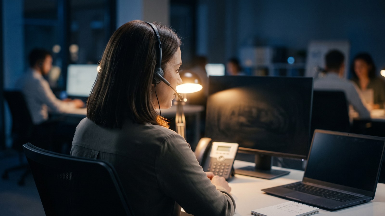 AI customer service pays off through the people who stay: a support specialist taking a call in the evening