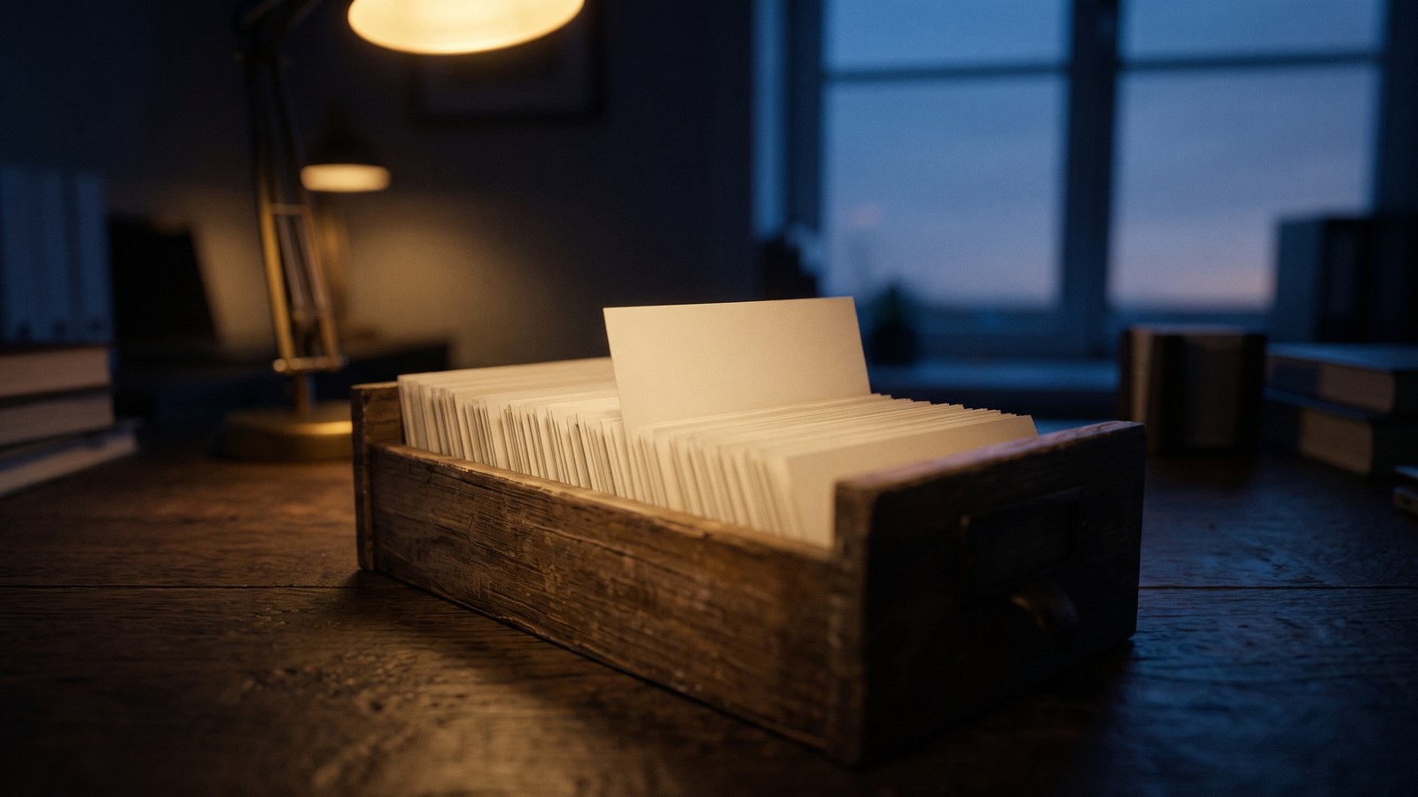 AI Governance: 5 Decisions Every Company Should Make Now 1 AI governance starts with an inventory: a card index drawer of blank cards on a desk at dusk